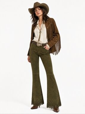 St John Sport Suede Leather Fringe Pants Green Boho Western Size 4
